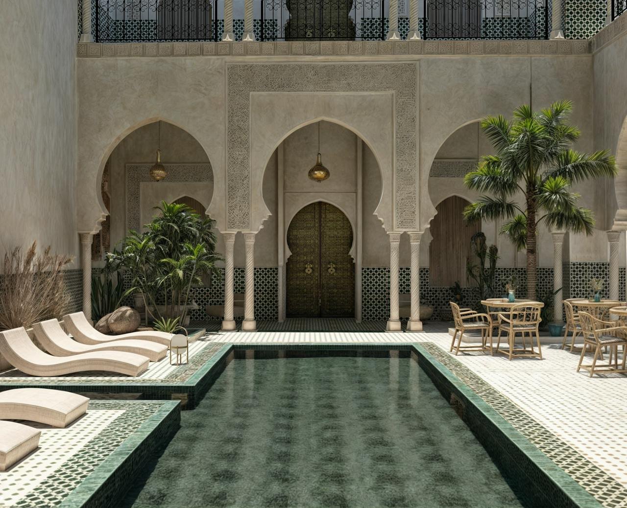 portfolio-img-03 Stunning Moroccan riad features a serene pool and traditional décor in Marrakech.